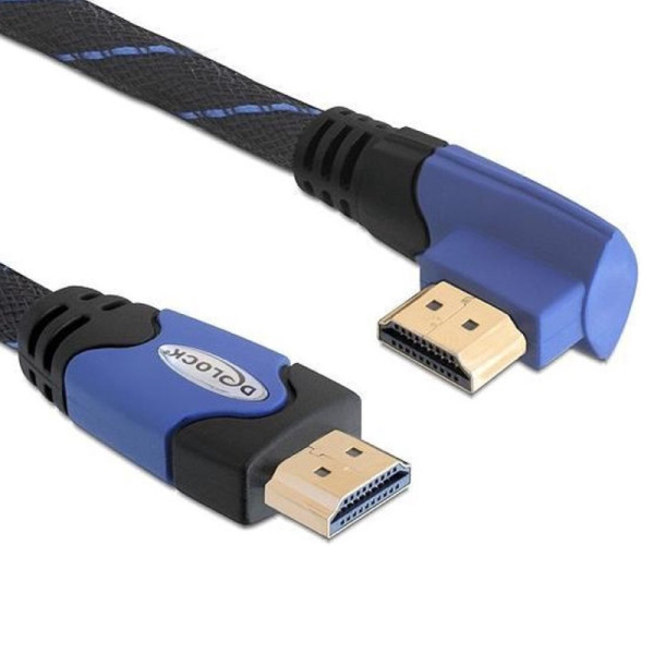 het dossier Spektakel Jasje Delock HDMI 1.4 Kabel - 4K 30Hz - 1 kant haaks links - Verguld - 3 meter -  Zwart/Blauw