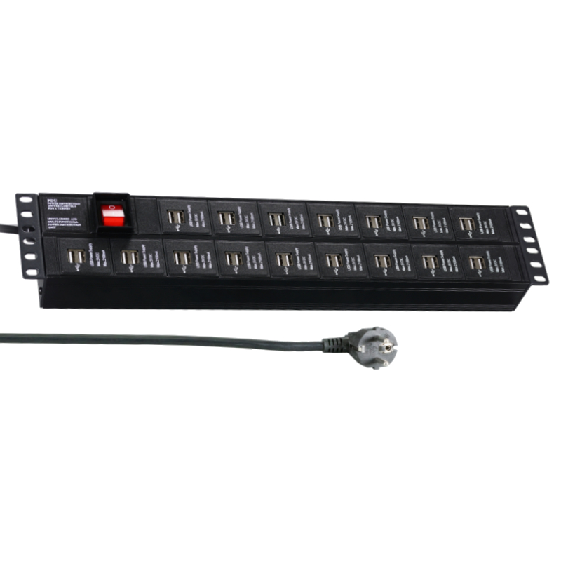 Stekkerdoos 19"- 2U - 32x USB oplaadpoort - 5V - 2,1A - Aan/uit- schakelaar - 3 meter - Zwart